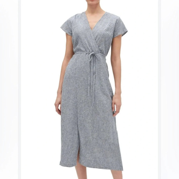 BANANA Republic Linen Striped Blue and White Short Sleeve Midi Wrap Dress Size 2 - Picture 1 of 15